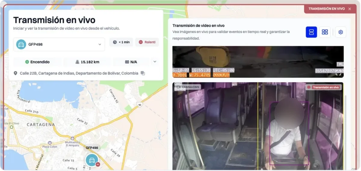 Video en vivo de varias cámaras de un vehículo junto a su ubicación GPS
